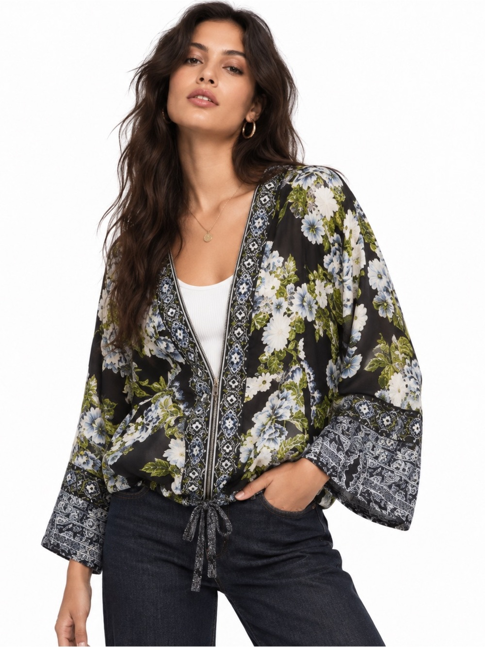 Free People Wildflower Floral Printed Kimono Zip Jacket Top XS Oversized